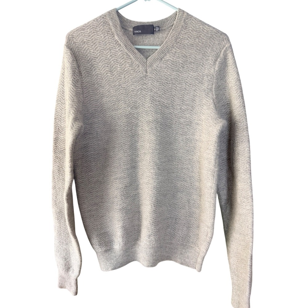 Vince V Neck Sweater Medium Grey Herringbone Knit Italian Yarn